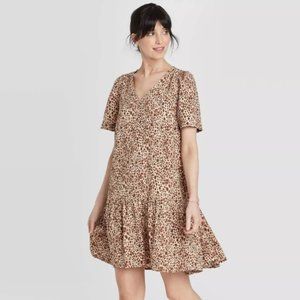 Leopard Print Short Sleeve Ruffle Hem Dress